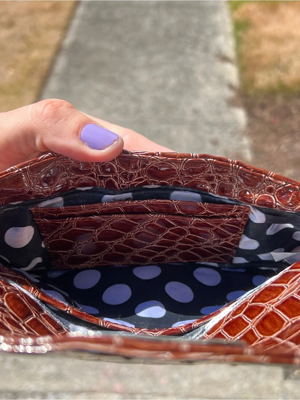 Vintage MSC Brown Faux Croc Wristlet Clutch Polka Dot Interior